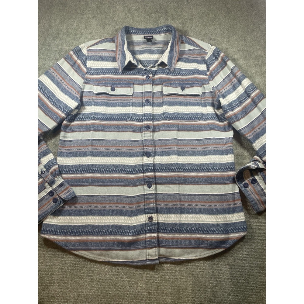 Patagonia Shirt Women Large Blue Fjord Button Up Flannel Striped Gorpcore